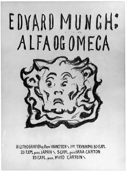 Tittelbladet til Alfa og Omega-mappen, MM G 301, litografi, 1908–1909 . Tittelbladet til Alfa og Omega-mappen, MM G 301, litografi, 1908–1909