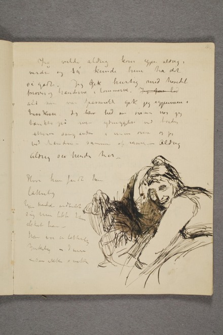 . MM T 2761, bl. 16r. Fra Munchs «Illustrerte dagbok»: Fru Heiberg har latterkrampe M 1049. Selvportrett 1882