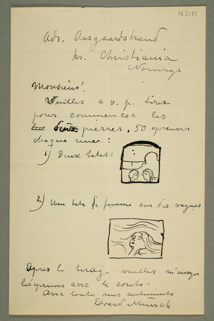 . ILL. 9. DRAFT OF A LETTER, EDVARD MUNCH TO THE FRENCH LITHOGRAPHER AUGUSTE CLOT, C 1896–97, MM N 2181-1