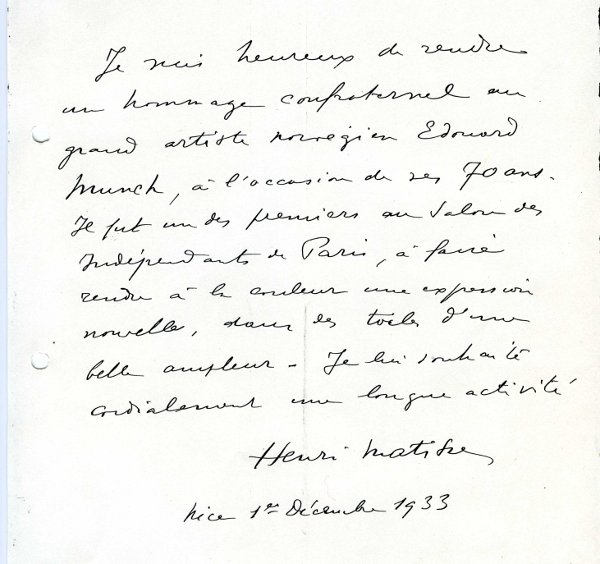 . Se og lytt til Henri Matisses hilsen til Munch på fødselsdagen i 1933. Lasse Jacobsen leser. Henri Matisse til Edvard Munch, 01.12.1933, Munchmuseet Se og lytt til Jappe Nilssens hilsen til Munch på fødselsdagen i 1929. Bård Hammervold leser. Jappe Nilssen til Edvard Munch, 12.12.1929, Munchmuseet Se og lytt til Karen Bjølstads hilsen til Munch på fødselsdagen i 1893. Lin Stafne-Pfisterer leser. Karen Bjølstad til Edvard Munch, 11.12.1893, Munchmuseet Se og lytt til Tulla Larsens hilsen til Munch på fødselsdagen i 1899. Linn Kristin Solheim leser et utdrag. Tulla Larsen til Edvard Munch, 12.12.1899, Munchmuseet Se og lytt til Max Lindes hilsen til Munch på fødselsdagen i 1922. I Tyskland ble Munchs 60-årsdag omtalt i pressen ett år for tidlig. Magne Bruteig leser et utdrag. Max Linde til Edvard Munch, 14.12.1922, Munchmuseet Se og lytt til Laura Munchs hilsen til broren på fødselsdagen i 1916. Julie Knoff Smith leser. Laura Munch til Edvard Munch, 11.12.1916, Munchmuseet Se og lytt til Erich Heckels hilsen til Munch på fødselsdagen i 1922. Magne Bruteig leser. Erich Heckel til Edvard Munch, til 12.12.1933, Munchmuseet