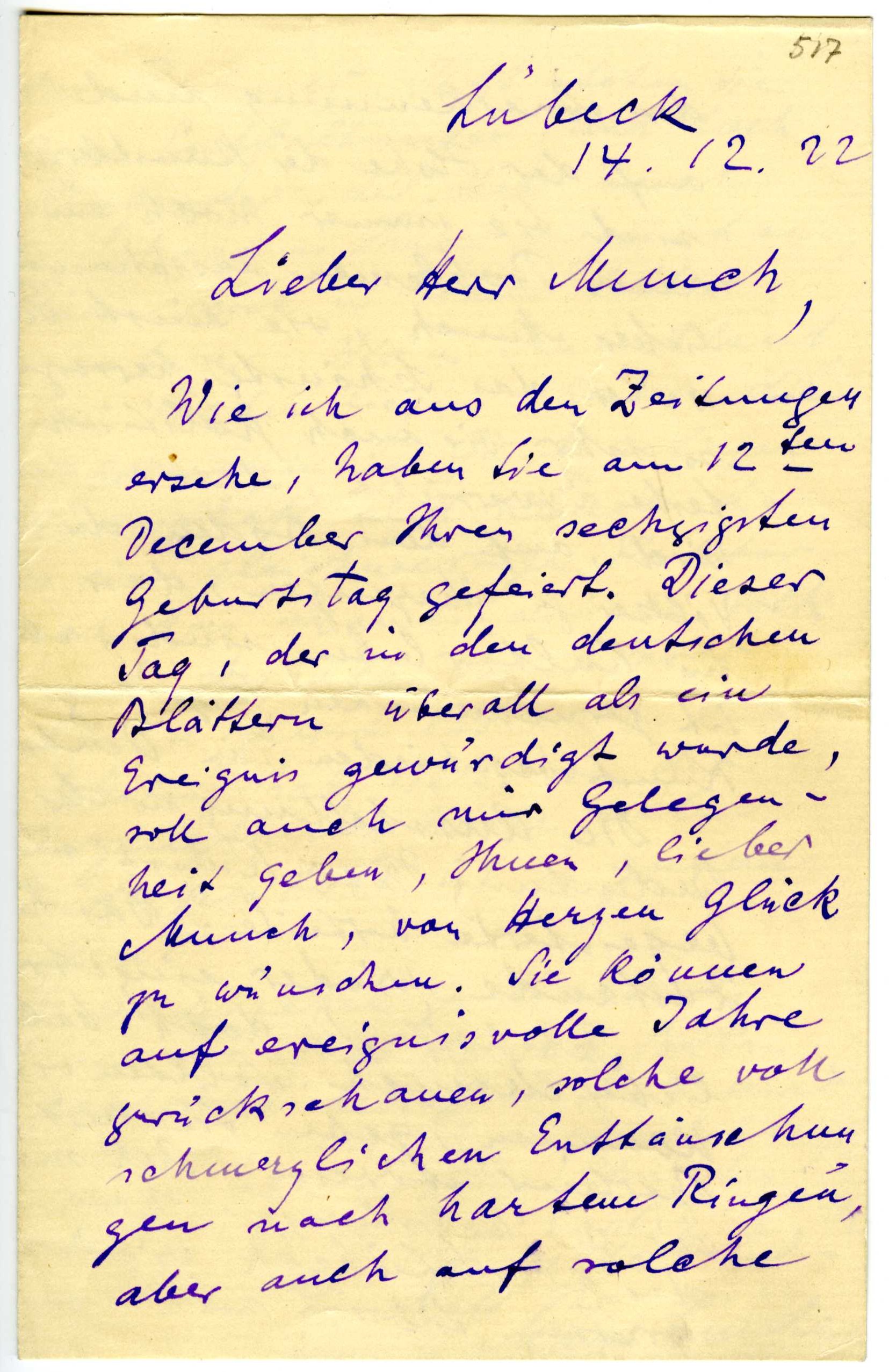 . Se og lytt til Max Lindes hilsen til Munch på fødselsdagen i 1922. I Tyskland ble Munchs 60-årsdag omtalt i pressen ett år for tidlig. Magne Bruteig leser et utdrag. Max Linde til Edvard Munch, 14.12.1922, Munchmuseet Se og lytt til Laura Munchs hilsen til broren på fødselsdagen i 1916. Julie Knoff Smith leser. Laura Munch til Edvard Munch, 11.12.1916, Munchmuseet Se og lytt til Erich Heckels hilsen til Munch på fødselsdagen i 1922. Magne Bruteig leser. Erich Heckel til Edvard Munch, til 12.12.1933, Munchmuseet