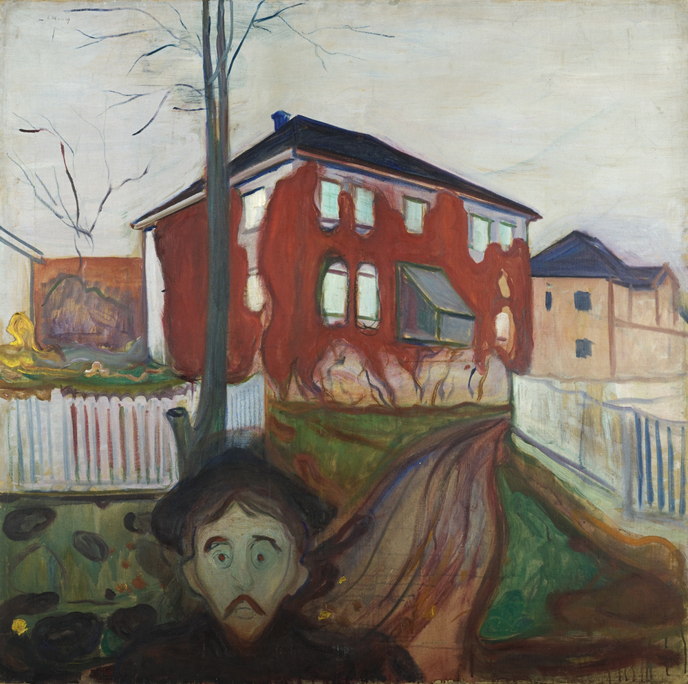 Prospektkort av Kjøsterudgården med påskriften "Aasgaardstrand" (MM N 2240) og Maleriet Rød Villvin (M 503, 1898–1900) . Prospektkort av Kjøsterudgården med påskriften "Aasgaardstrand" (MM N 2240) og Maleriet Rød Villvin (M 503, 1898–1900) Prospektkort med påskriften "Aasgaardstrand. Lindebergs Bad"(MM N 1116) og Maleriet Melankoli (M 33, 1893)